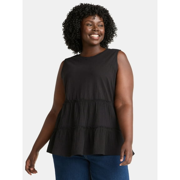 Terra & Sky Women's Plus Sleeveless Cotton Mixed Media Tunic Tank Top, Sizes 0X-5X