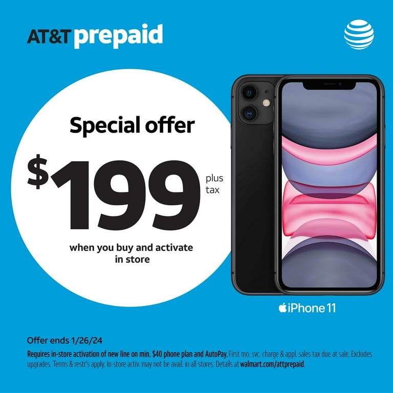 AT&T Apple iPhone 11, 64GB, Black - Prepaid Smartphone - Walmart.com