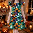 thumbnail image 2 of WAYUTE Girls Halloween Flutter Sleeve Dress Cartoon Pumpkin Print Soft Lightweight A Line Dress for Theme Party Casual Holiday,Dark Green,Size 5-6 Y, 2 of 4