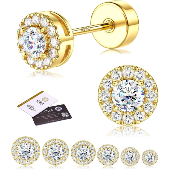 Moissanite Stud Earrings with Flat Back - 925 Sterling Silver D Color VVS1 Moissanite Earring for Women Men,14K White Gold Plated Brilliant Halo Stud Earrings Hypoallergenic Jewelry for Sens...[p299]