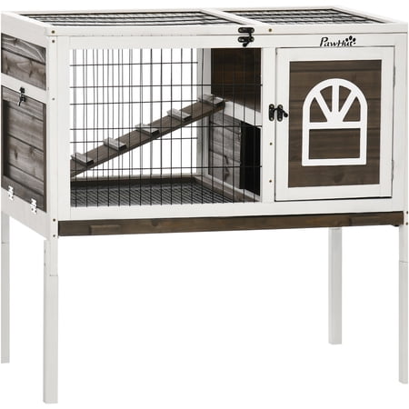 JERFIT Elevated Rabbit Hutch Indoor, 35.5" Wooden Bunny Cage with Removable Tray, Lockable Doors, Ladder & Run for Guinea Pigs, Rabbits, Small Pets, Brown