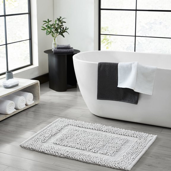 Jean Pierre New York Sophie Border 100% Cotton Bath Mat - Non-Slip Bath Rug - Soft Gray - 27" x 45"