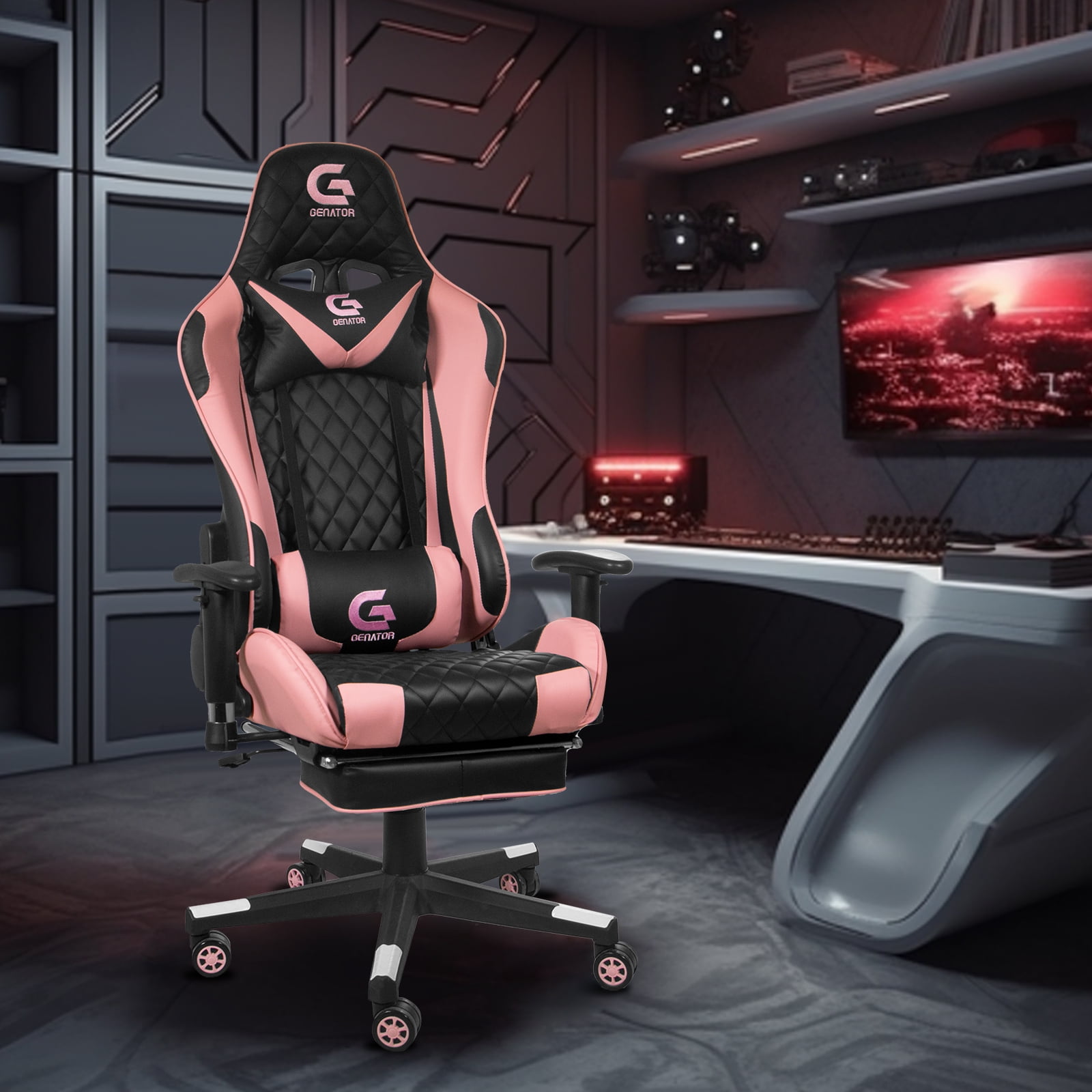 Pink Gaming Chair with Footrest PU Leather High Back Computer Racing