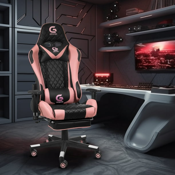 Pink Gaming Chair with Footrest PU Leather High Back Computer Racing