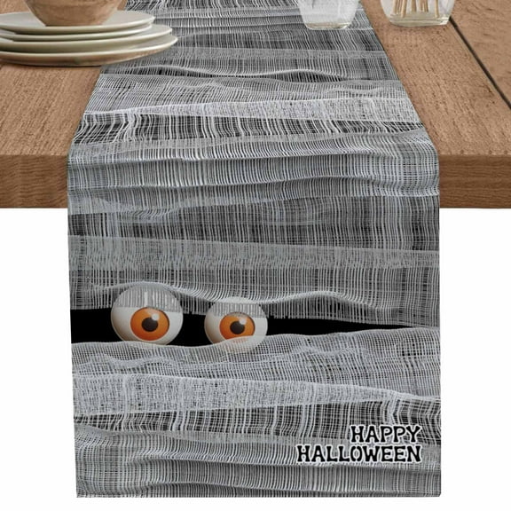 Halloween Table Runner 108 Inches Long for Dining Table Decor,Red Eyes Spooky Ghost Black Grey Burlap Linen Farmhouse Table Runner Coffee Table Runners Dresser Scarf for Kitchen Party Holiday