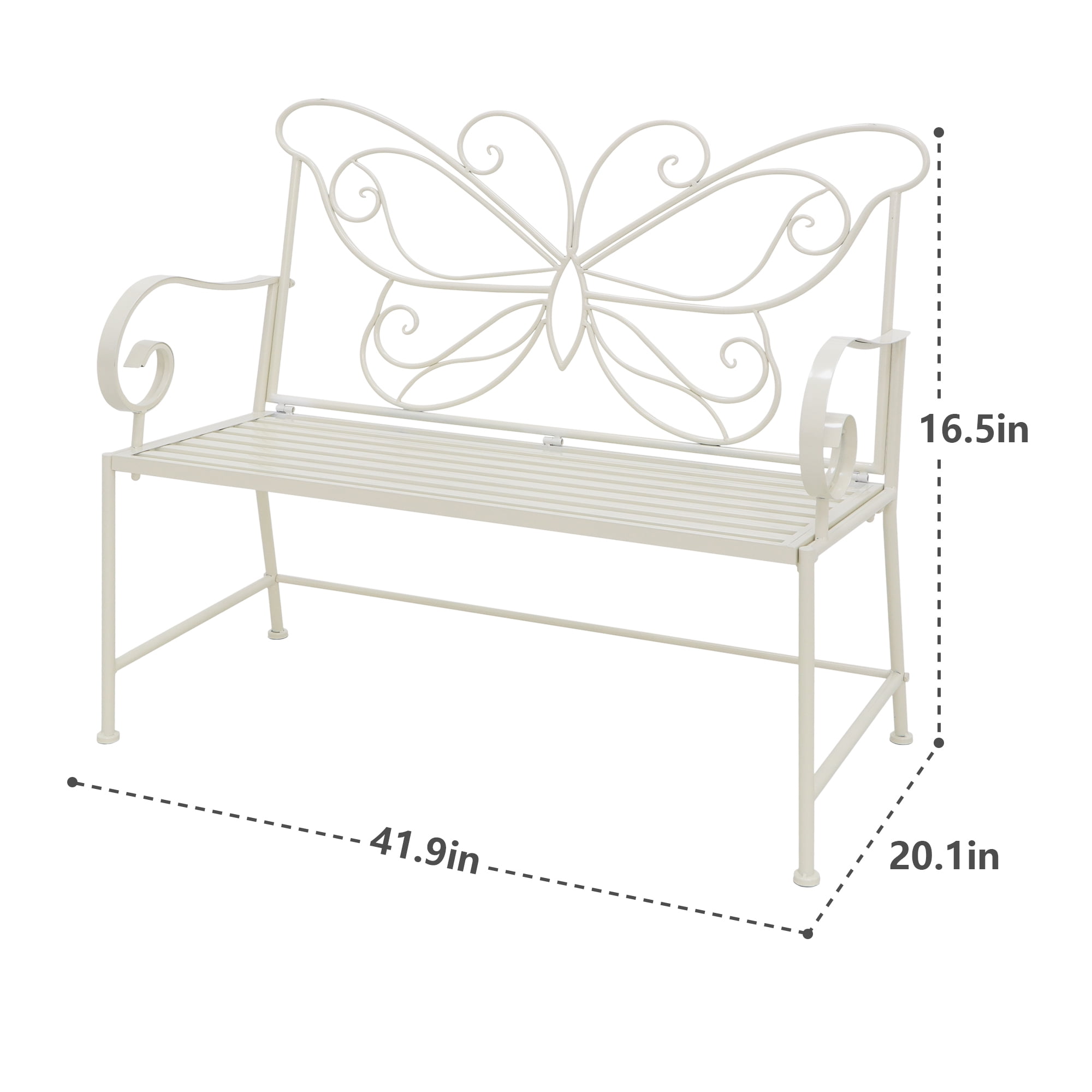 Abble 42" Outdoor Bench Metal Butterfly Design Patio Garden Bench for Porch Yard Lawn Patio Bench,  Ivory