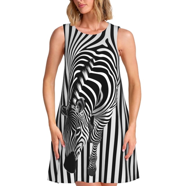 Balery Optical Zebra Illusion Vestidos de verano para mujer con estampado: vestido holgado sin mangas, vestido playero informal y cómodo para días calurosos.