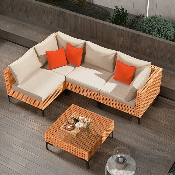 5 Piece Outdoor Patio Furniture Set Modular Outdoor Furniture Set Wicker Outdoor Sectional Sofa with Cushions and Tea Table Patio Set for Balcony Porch Deck (Yellow Wicker, Beige Cushion)