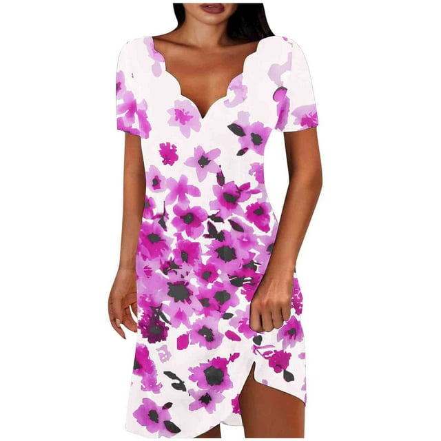 Birdeem Robes pour Femmes Mode Féminine Couleur Unie Manches Courtes Col en V Mi-Mollet