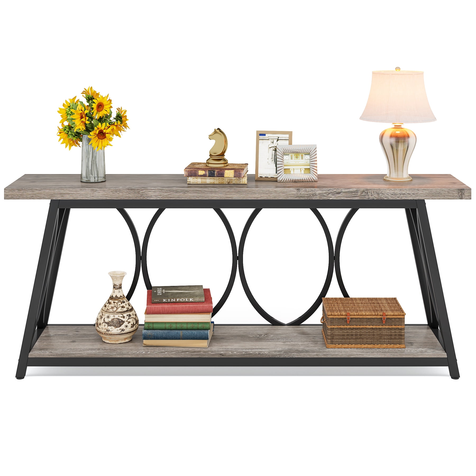Fnova 70.87" Extra Long 2-Tier Console Table, Industrial Sofa Table with Decorative Circular Metal Frame,  Entryway Hallway Behind Couch Storage Console