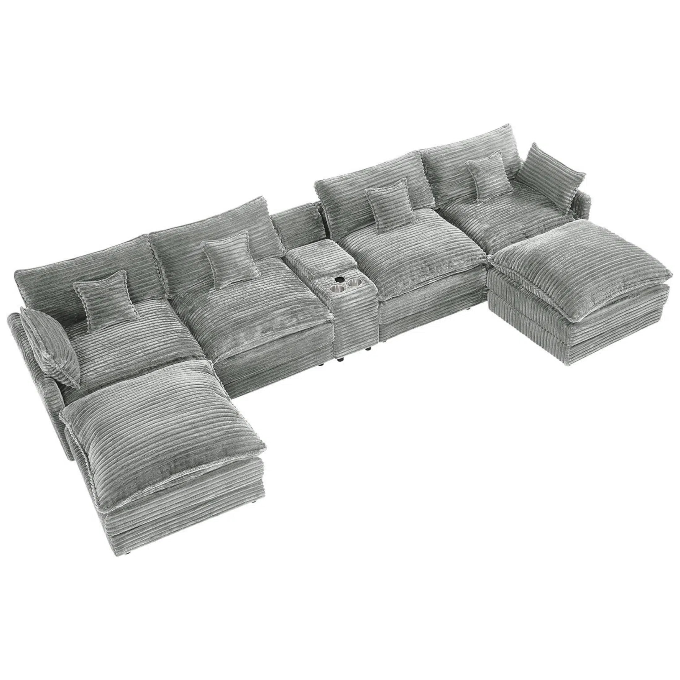Vinform 145" U Shaped Cloud Couch Sectional with USB Charging, Hidden Storage, Cup Holders & Double Chaise, Light Grey