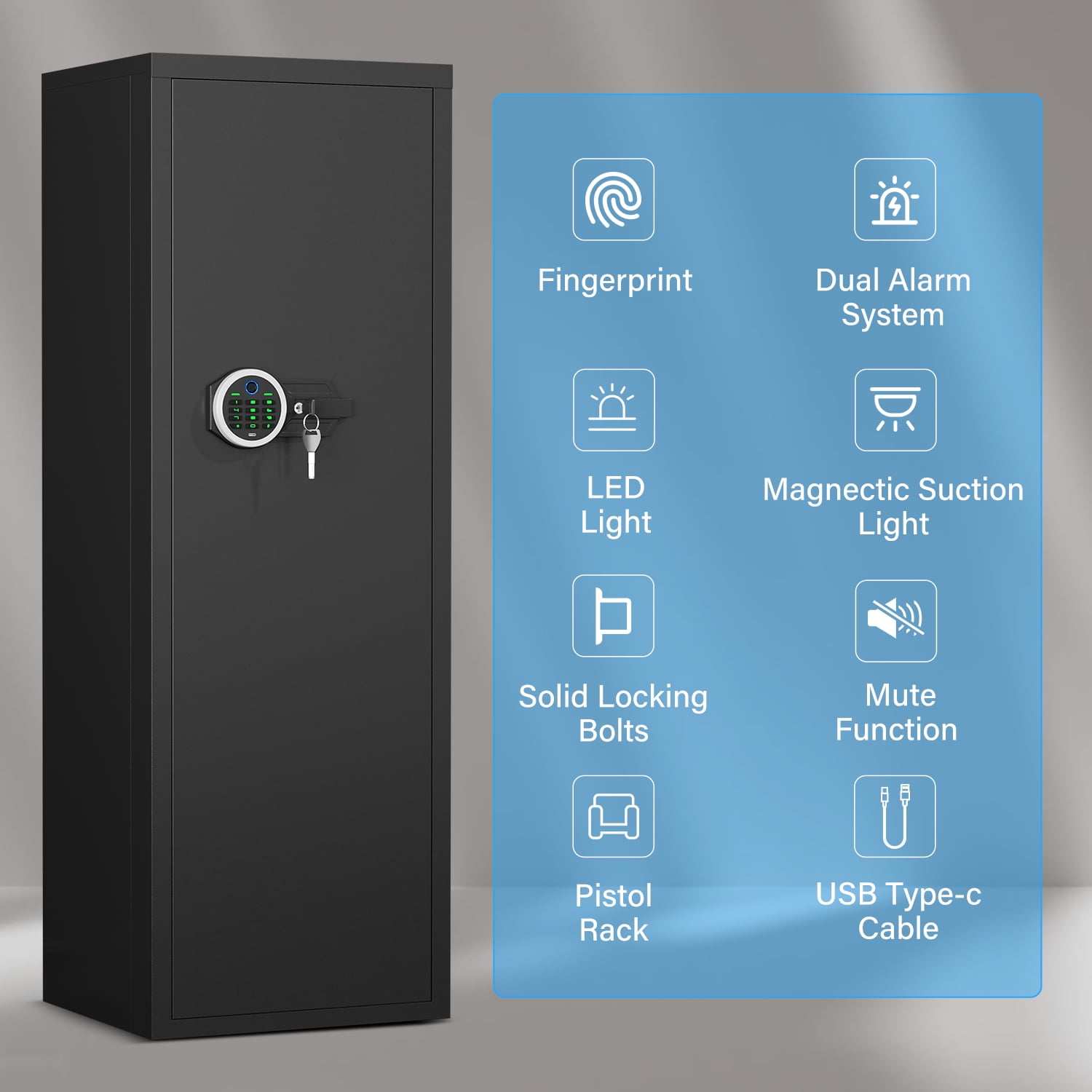Kavey 7-8 Gun Safe for Shotguns, Large Unassembled Fingerprint Gun Safe for Shotguns and Pistols with Dual Alarm and Mute Mode, Long Gun Safe with Touchscreen Pad, Removable Shelve