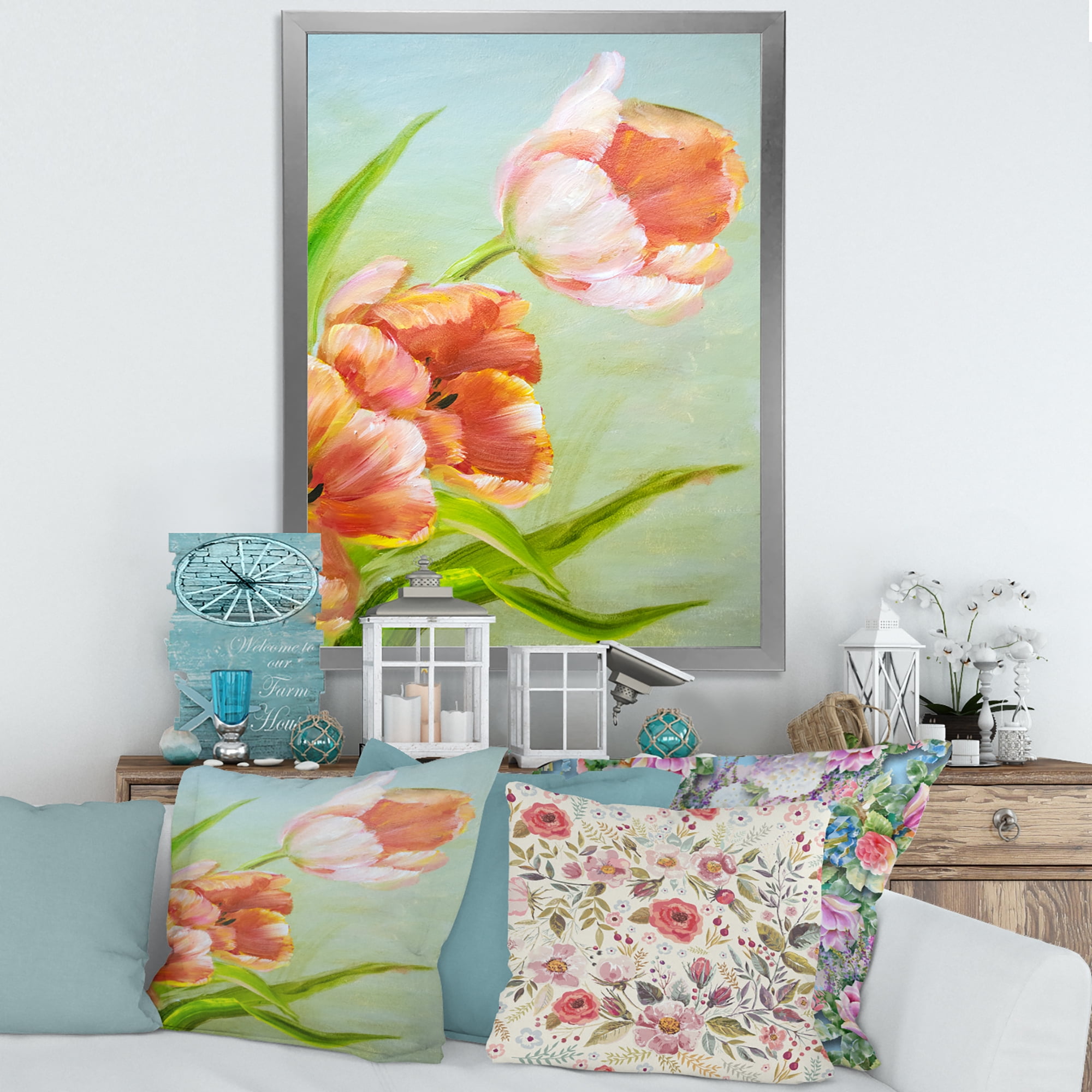 Designart 'Ancient Red Tulips Flowers I' Traditional Framed Art Print