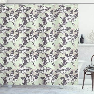 Jasmine Shower Curtain, Nostalgic Style Nosegay of Jasmine Flowers Pattern Hand-Drawn Spring Botanic Theme, Fabric Bathroom Set with Hooks, 69W X 70L Inches, Multicolor, by Ambesonne