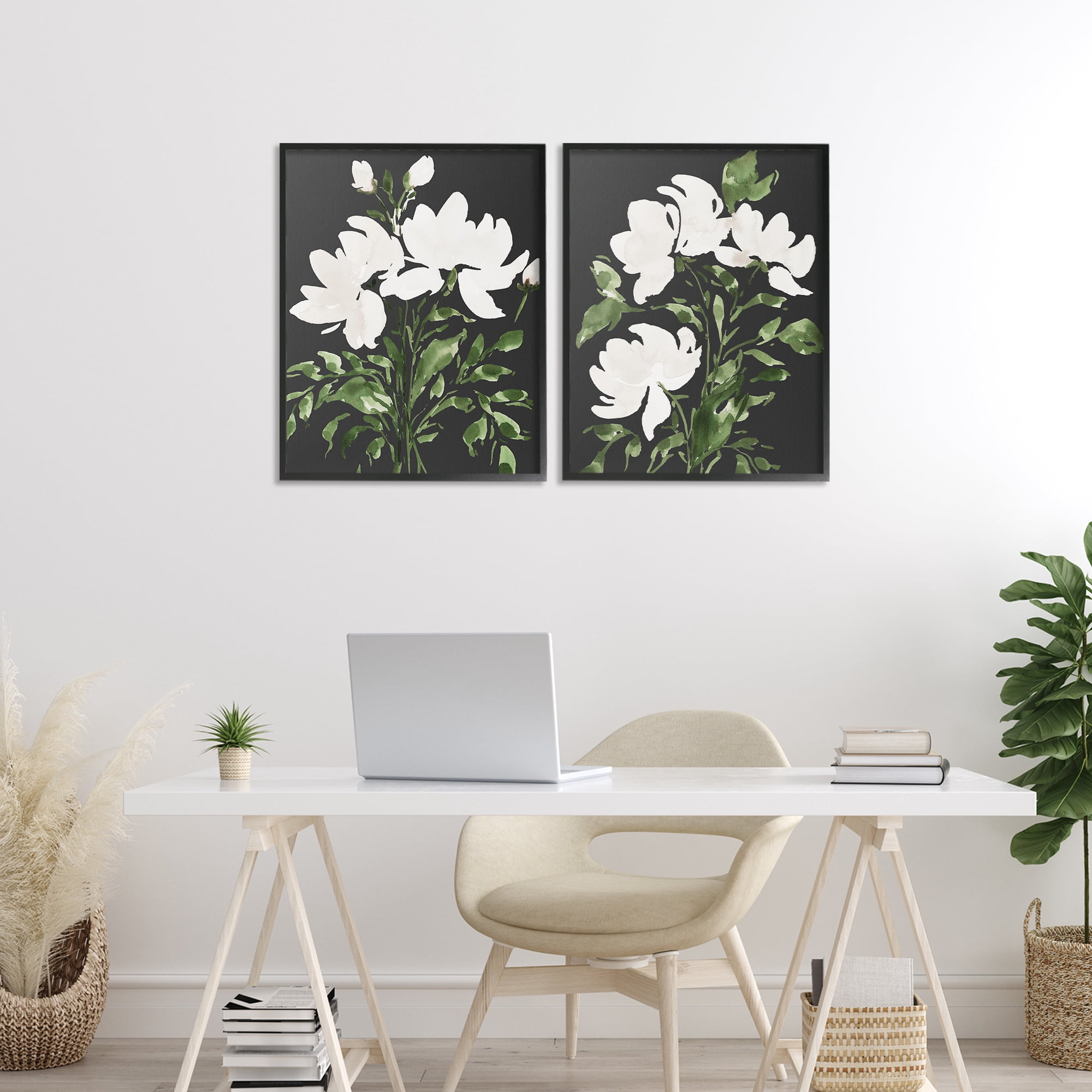 Stupell Industries White On Black Blooms 2 Piece Black Framed Giclee Art Set, design by Lucille Price