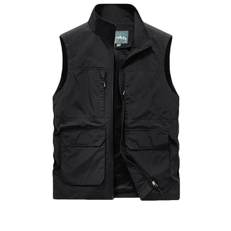 Olyvenn Men s Lightweight Outdoor Sports Vest with Detachable Hood Multi-Pockets Quick-Drying Breathable Mesh Lining Stand-Up Collar Fishing Travel Waistcoat Black 4