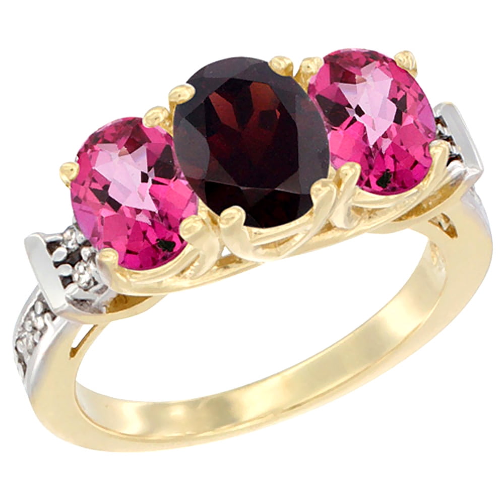 10K Yellow Gold Natural Garnet & Pink Topaz Sides Ring 3-Stone Oval Diamond Accent, sizes 5 10 by WorldJewels