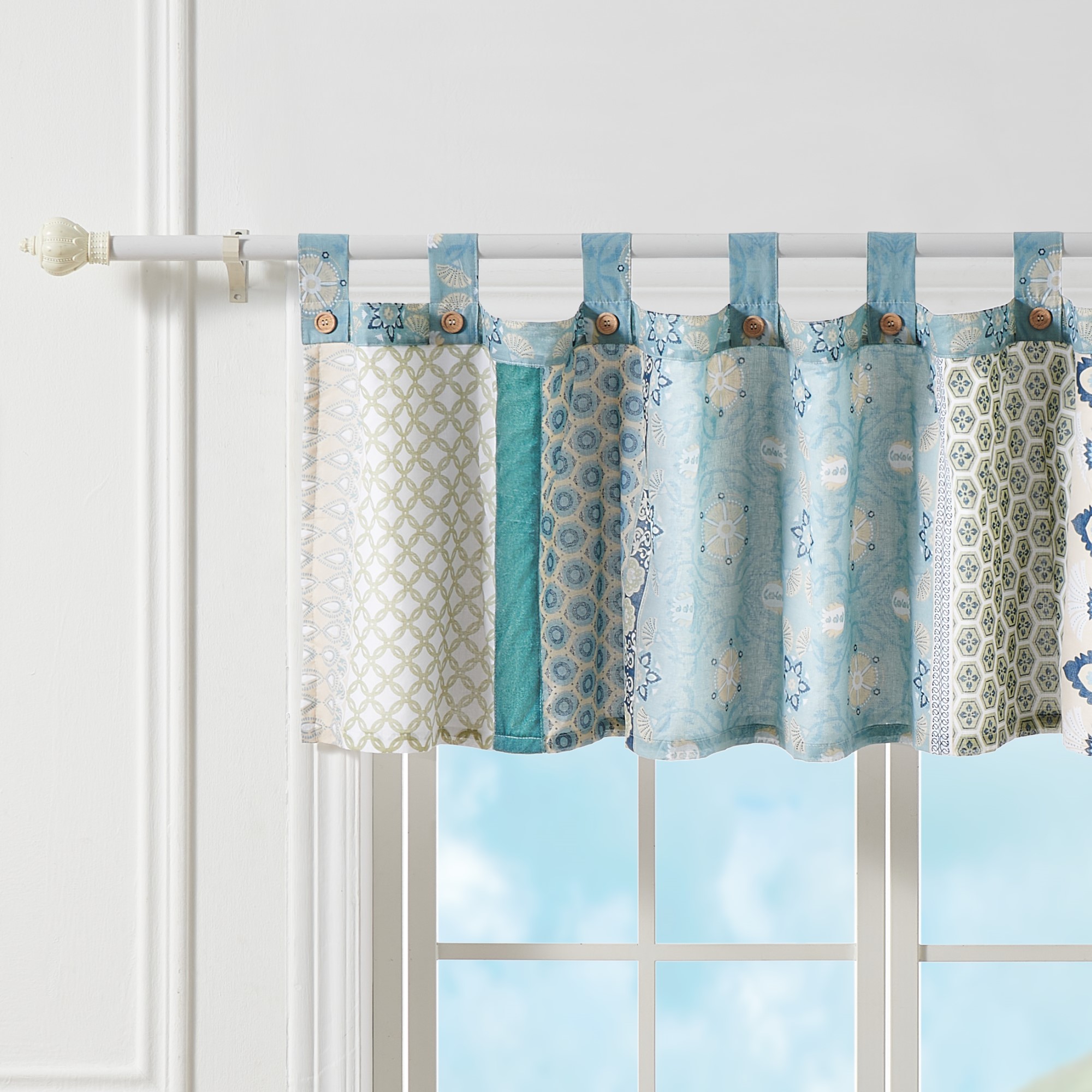 Global Trends Tori Patchwork Button-Embellished Tab Top Window Valance, 84" Wide x 21" Long, Blue