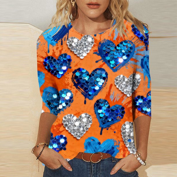 Xuyuer Womens Valentine T Shirts Love Heart Printed Graphic Tee Tops Spring Shirts Halloween Round Neck 3/4 Length Sleeve Graphic Tee Tops Fashion Casual Printed T-Shirt Top