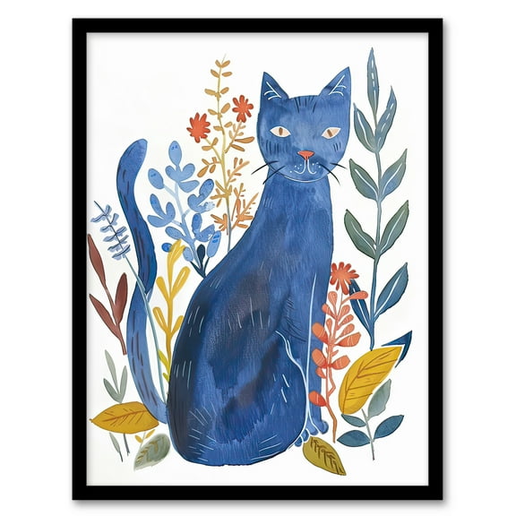 Artery8 Russian Blue Cat with Ornate Plants Watercolour Living Room Art Print Framed Poster Wall Decor 12x16 inch