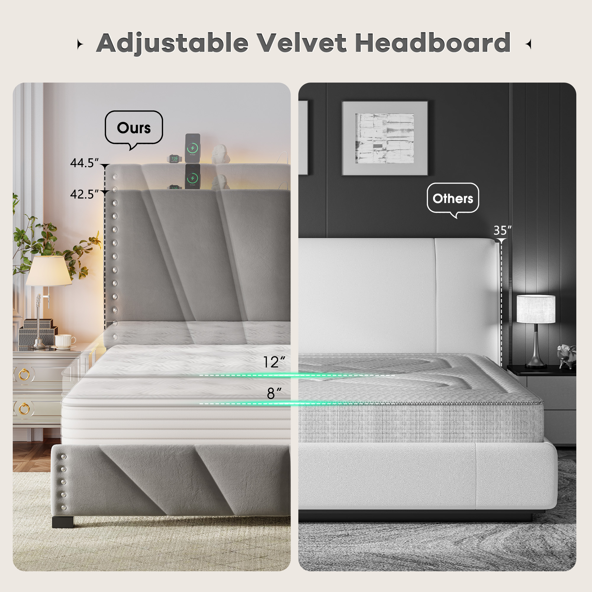 Romorgniz King Size Bed Frame with Underbed Storage Upholstered Bed Frame with Adjustable Headboard & LED Light & Charge Station ,Gray