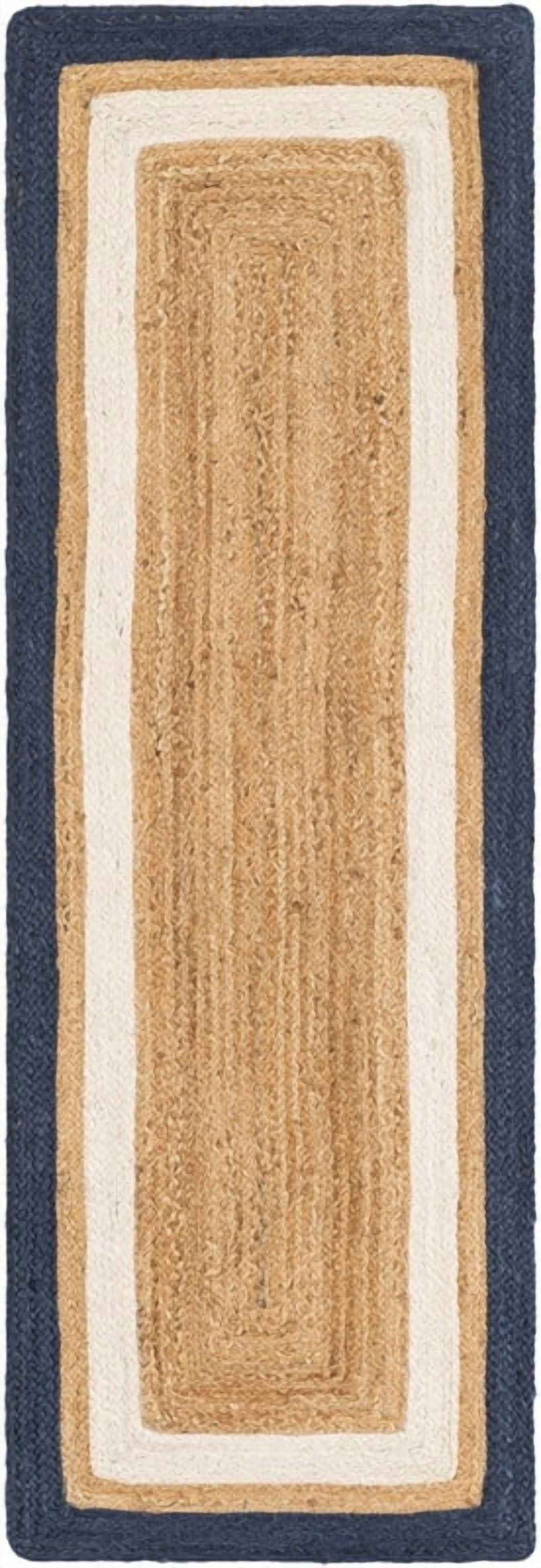 2x7 Ft Beige and Navy Blue & White Jute Area Rug, Hand-Woven, Reversible, Farmhouse Boho Style, Durable & Pet-Friendly Rug for Living Room, Dining Room, and Bedroom