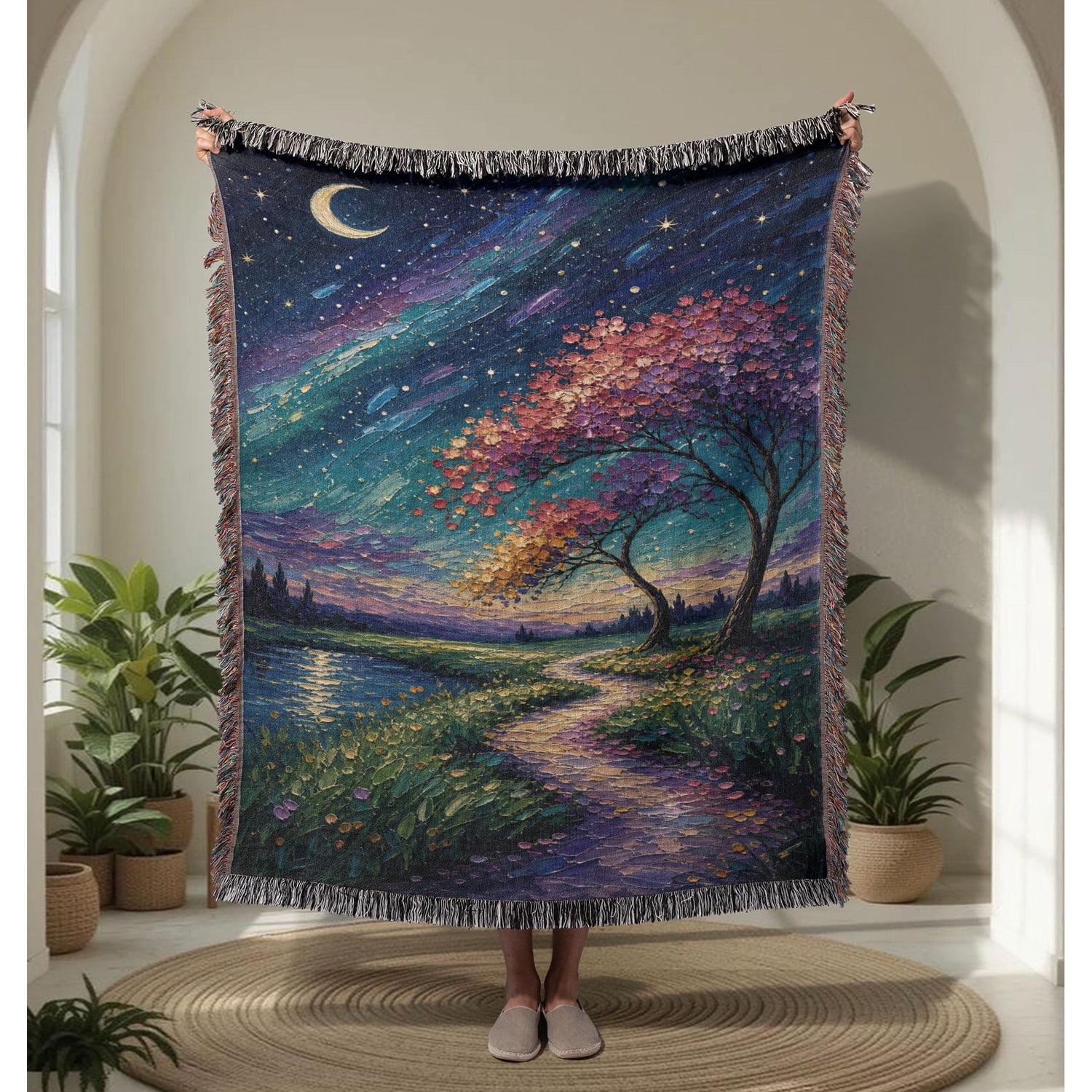 Moonlit Flower Tree Celestial Woven Throw Blanket Cotton with Fringed Edges for Bedroom Accent