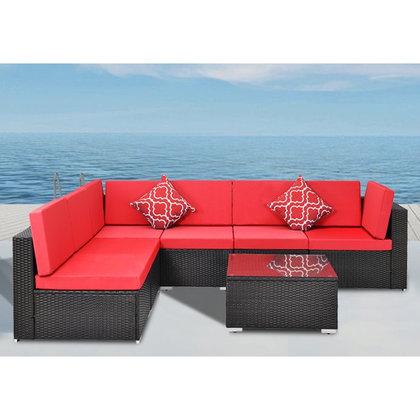 7 Pcs Outdoor Patio Furniture Set Rattan Table And Sofa Conversation Set Wicker Rattan Sectional Sofa Set Modern Style Sectional Furniture Set All Weather Furniture Set Black Red Y0650 Walmart Com Walmart Com