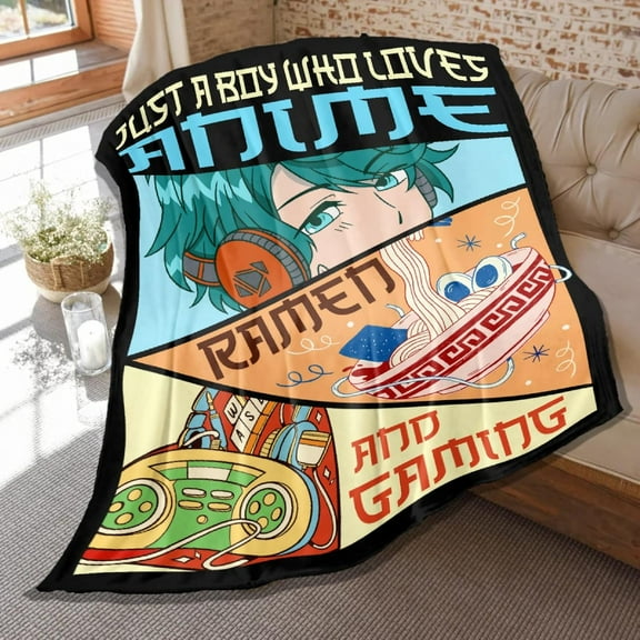 Game Blanket for Boys Child,Just a Boy Who Loves Anime,Ramen and Gaming Blankets,Soft Flannel Throws Lightweight Decorative Quilt for Bed Sofa Room,50 in x 40 in Small for Kids