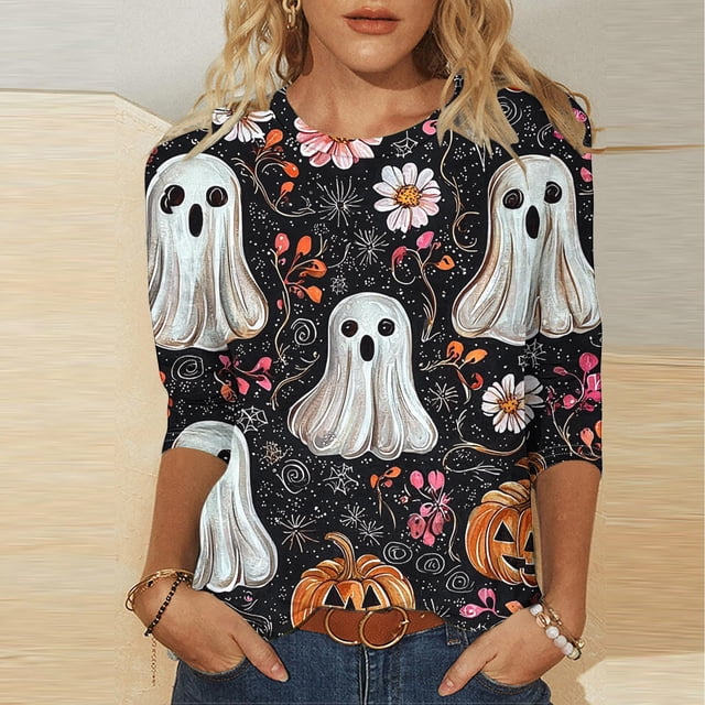 Heisall Womens Hoodies Halloween Print Round Neck 3/4 Sleeve Loose Fit Tshirts 2025 New Arrival Fashion Tops