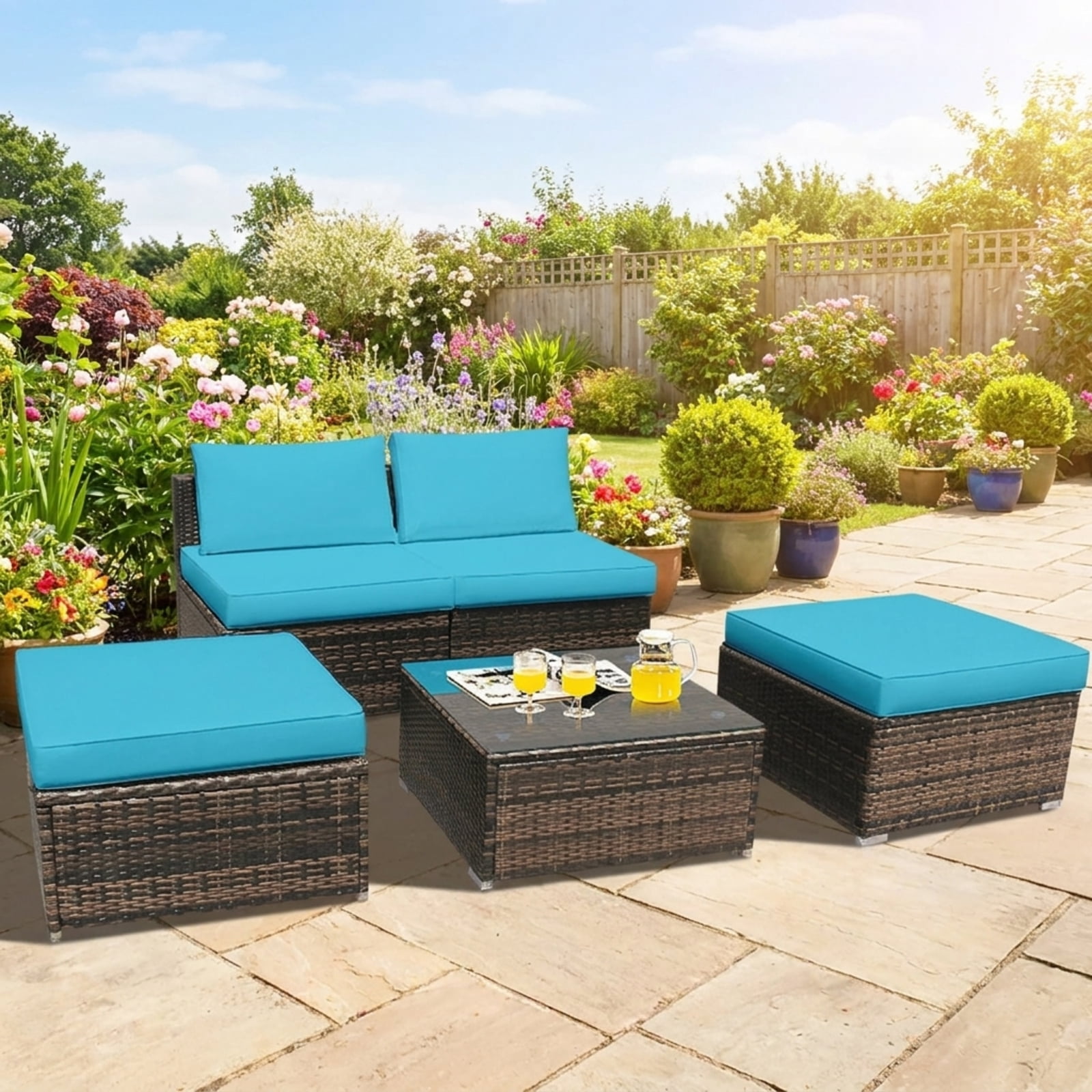 Furnibear 5 Piece Patio Furniture Set Outdoor Wicker Conversation Set with Cushioned Armless Sofas and Coffee Table for Garden Deck, Turquoise