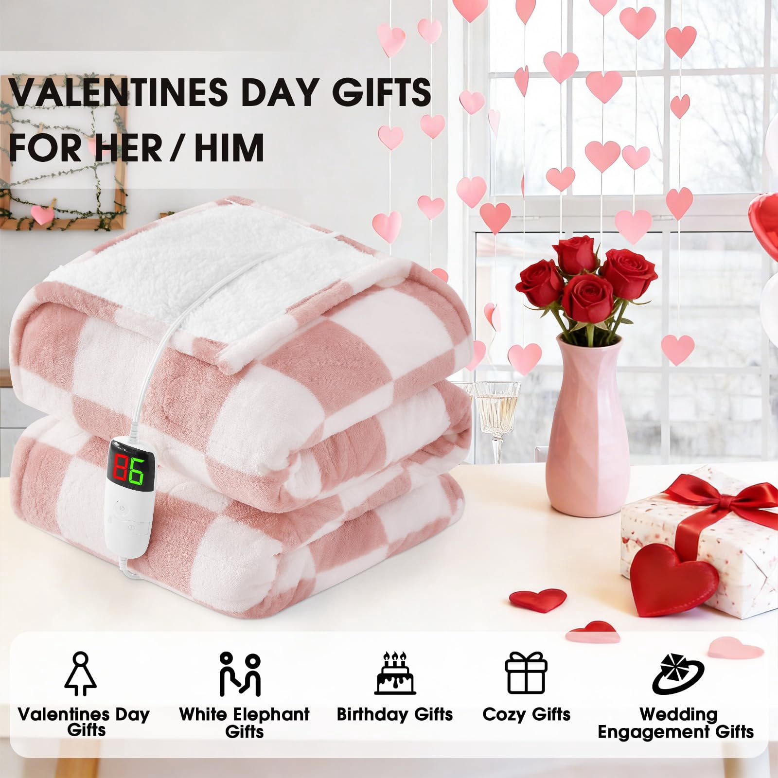 Light Pink Heated Blanket Electric Throw  50x60 Heating With 10 Heat Levels & 8 Hours Auto Off For Lap Checkered Plaid Soft Sherpa Blankets Mothers Day Gifts Mom Grandma Women Couch