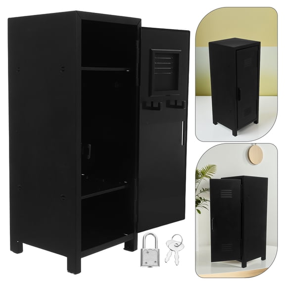 FENGGUIQU Black Metal Lockable Desktop Storage Box with Keys Compact Organizer Cabinet