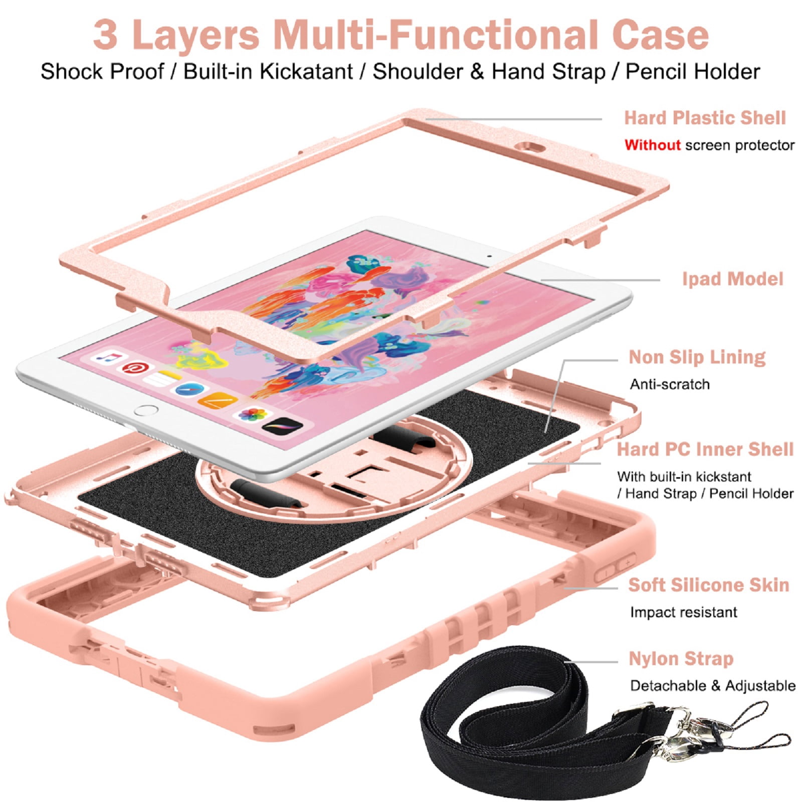 ELEHOLD Rugged Case For Apple iPad 11th(A16) 2025 Three-Layer Hybrid Muti-Functional Case with 360° Rotating Kickstand Pencil Holder Handstrap Shoulder Strap Shockproof Case ,C