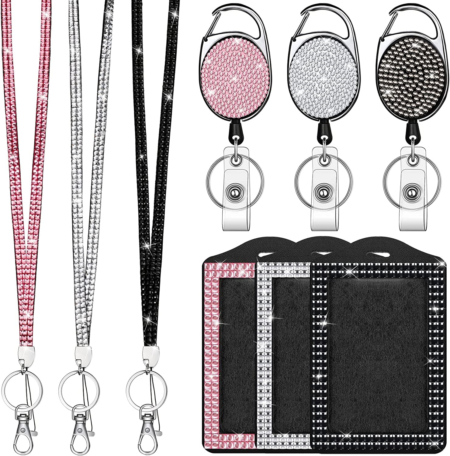 3 Set Rhinestone Lanyard with Bling ID Badge Holder and Crystal Retractable  ID Badge Holder with Clip Rhinestone ID Name Badge Reels Sparkly Lanyard  for Women Teacher Nurse Office Worker 
