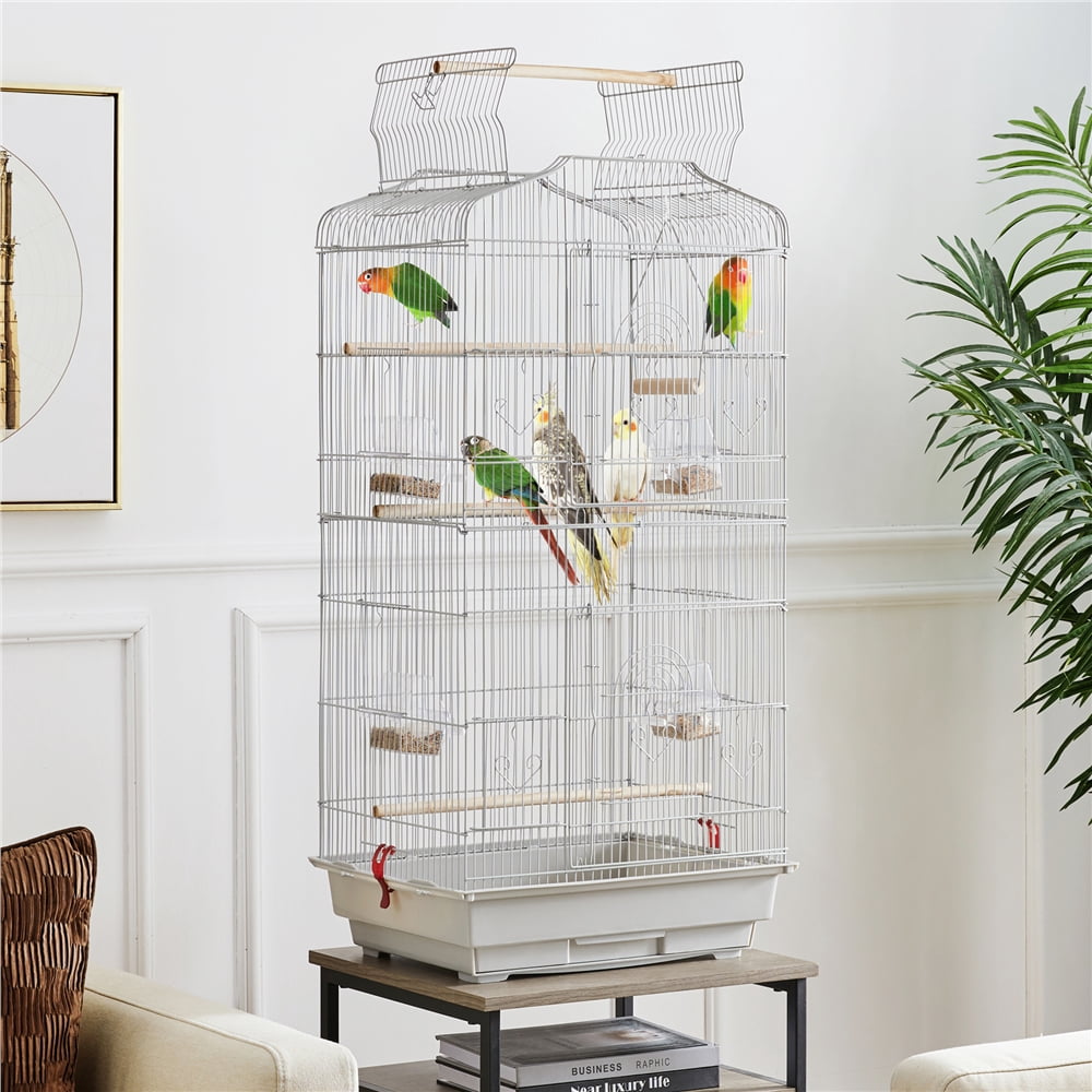 Alden Design Large 41" Metal Bird Cage with Play Top for Parakeets and Lovebirds, Light Gray