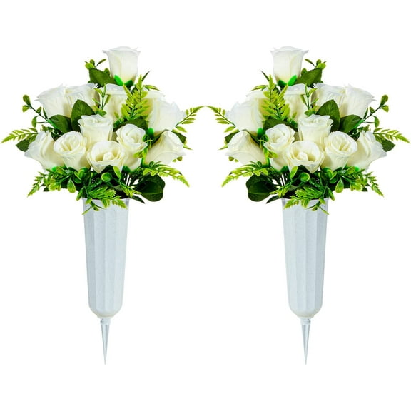 Artificial Cemetery Flowers, Set of 2 Artificial Rose Bouquet Grave Memorial Flowers with Vase for Cemetery Headstones Decoration (White)