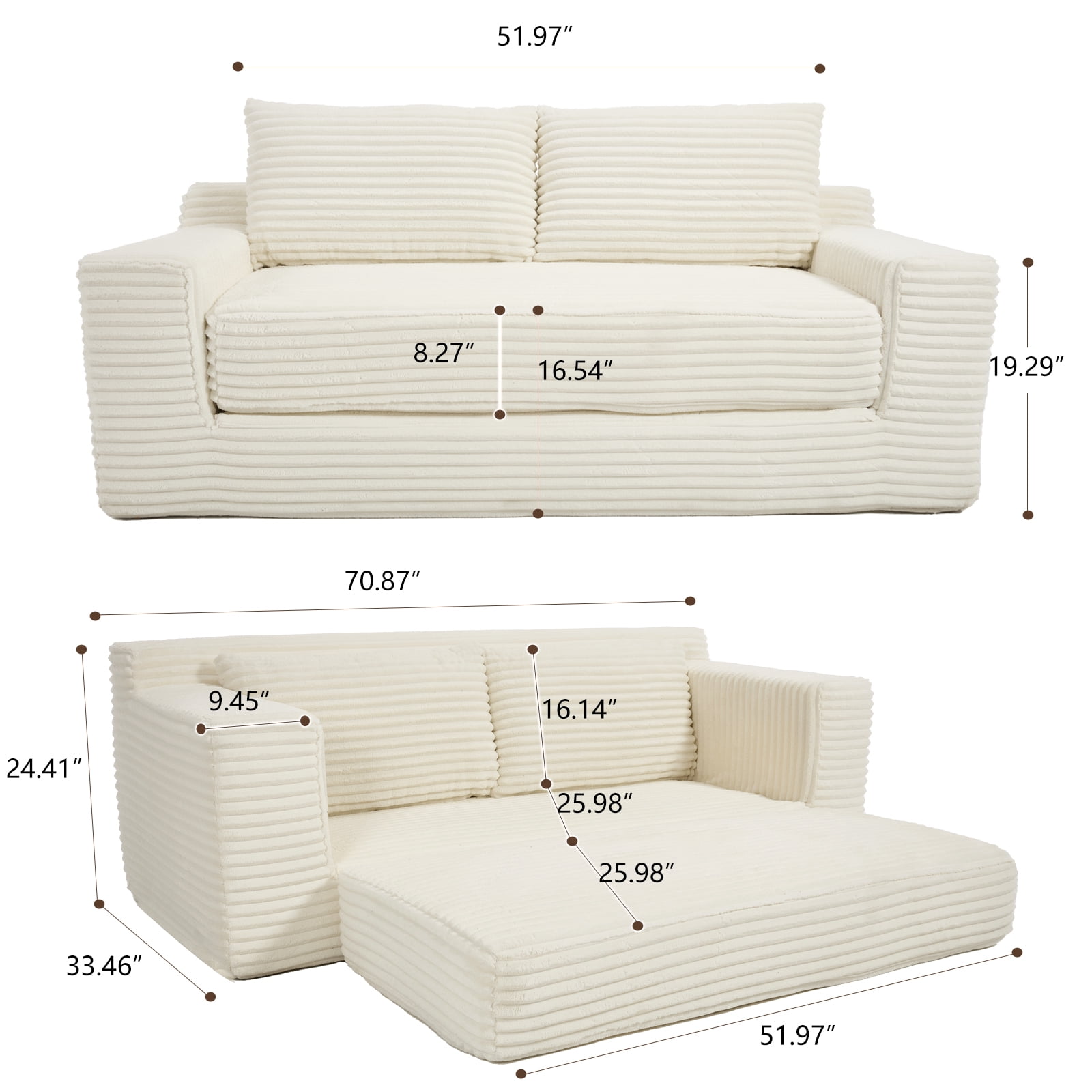 Miniyam Convertible Loveseat Sofa Bed with Memory Foam, Small Couch for Apartment, No Assembly, Corduroy, Beige
