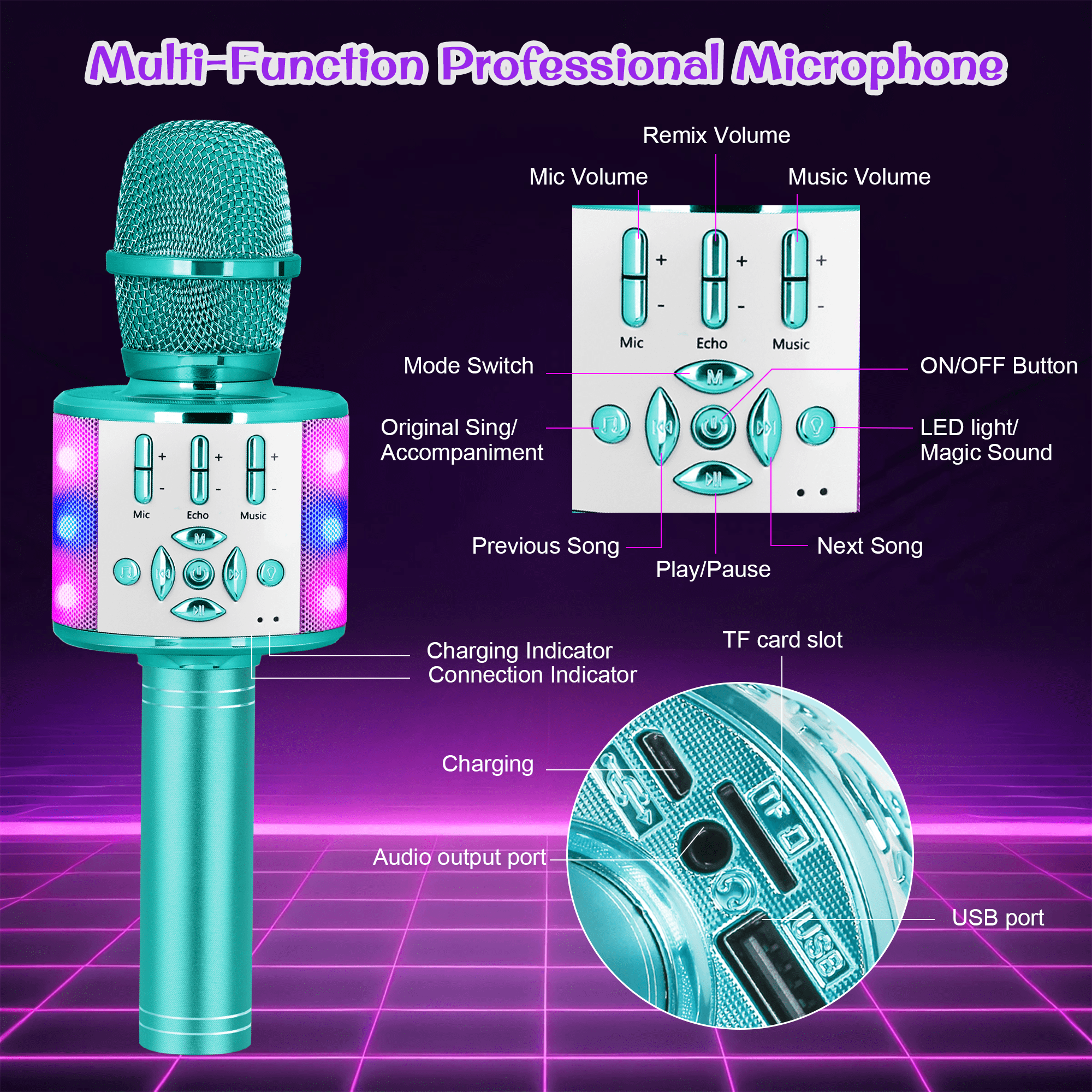 Bonaok Bluetooth Wireless Karaoke Microphone, Portable Handheld Karaoke Machine with LED Lights, Bluetooth Microphone Speaker Singing Gift for Kids Adults(Light Blue)