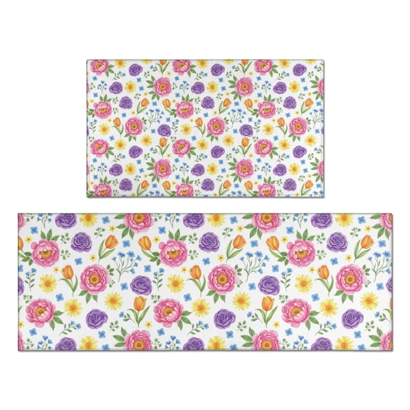 Pioneer Flower Floral Print Pattern Kitchen Rugs Sets Of 2, Anti Fatigue Non Slip Washable Floor Mats for Kitchen Sink Laundry, 17X30 Inch 17X47 Inch