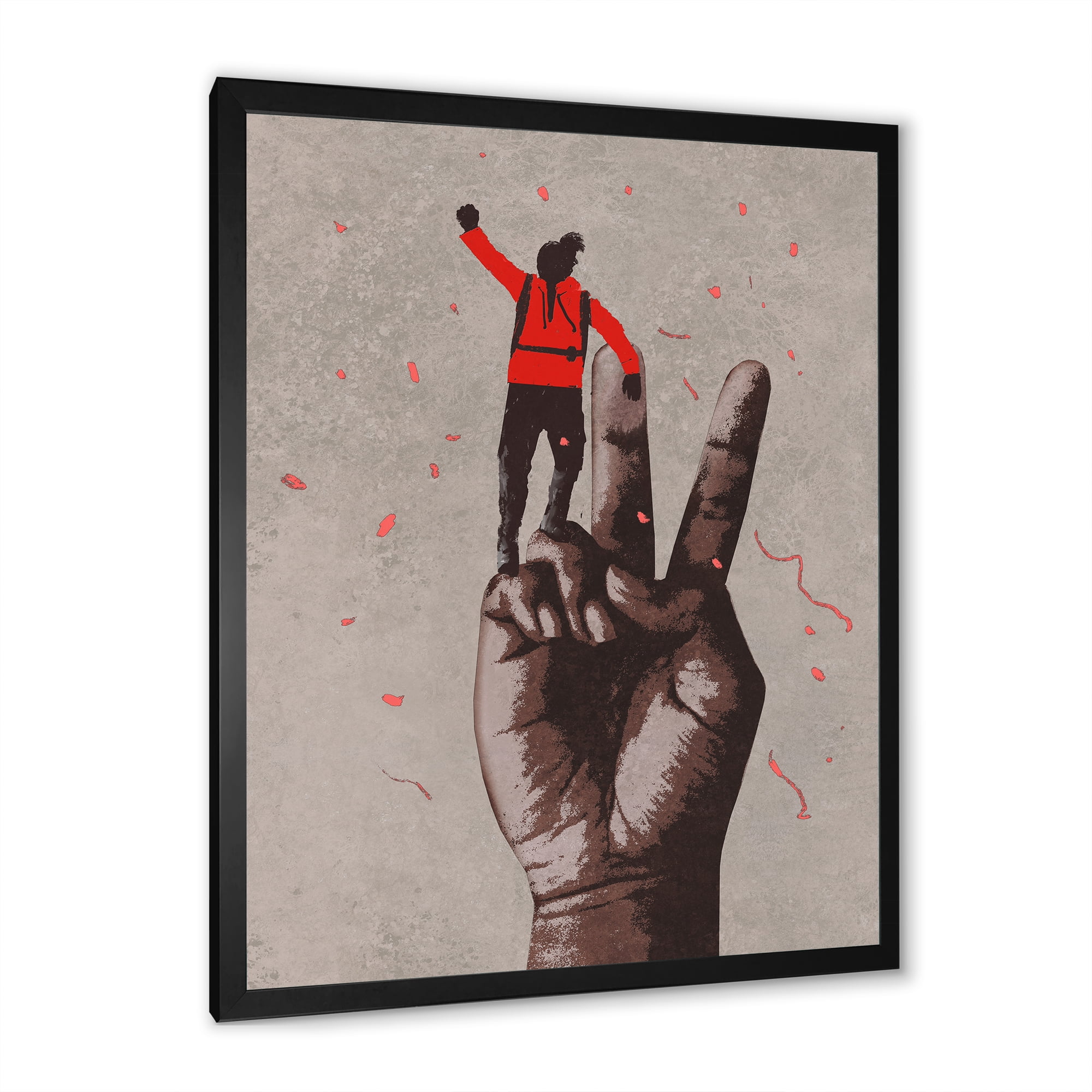 Designart 'Man With Arm Raised On Victory Sign' Modern Framed Art Print