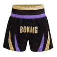 thumbnail image 1 of Alvivi Kids Boys MMA Training Boxing Shorts Boxer Trunks Metallic Patchwork Side Split Satin Short Light Purple&Gold 10, 1 of 3