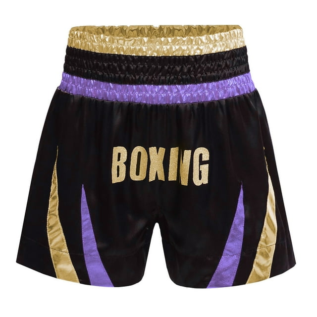 Alvivi Kids Boys MMA Training Boxing Shorts Boxer Trunks Metallic Patchwork Side Split Satin Short Light Purple&Gold 14