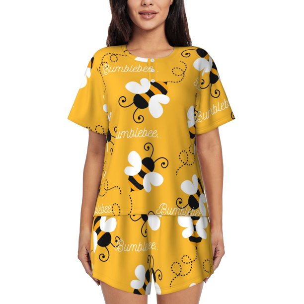 Balery Cute Bee Butterfly Yelllow Conjunto de Pijama para Mujer con Estampado, Dos Piezas de Manga Corta y Shorts, Ropa de Dormir Suave con Cuello Redondo y Bolsillos-Large