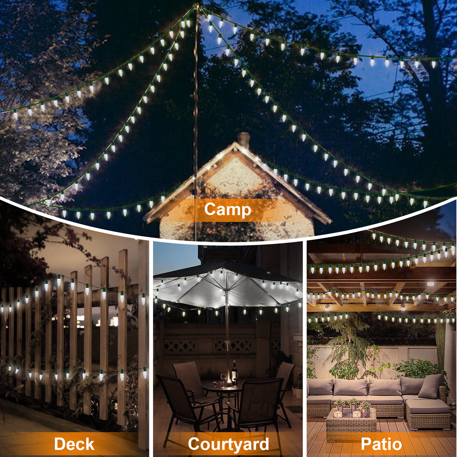 LAMPHOME White C9 Christmas String Light Outdoor, 25FT Shatterproof LED for House Rooflines & Pathways, Connectable Waterproof Vintage Christmas Light for Tree, Yard, Patio, Porch, Garden