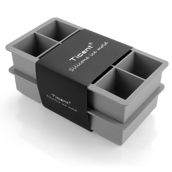 Ticent Ice Cube Tray Large Ice Cube Mold (Pack of 2) - Flexible 8 Cavity Silicone Ice Cube Maker - Square Ice Molds for Whiskey & Cocktails, Grey