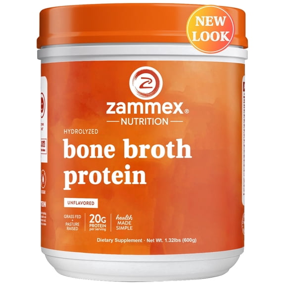 Zammex Grass Fed Beef Bone Broth Powder Protein Supplement, Hydrolyzed Collagen Peptides I & III for Skin & Joint Health, Keto Paleo, 1.32lb, Natural Flavor