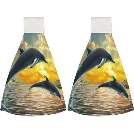 

2 Pcs Hanging Towels Dish Towels Cute Dolphins Absorbent Hand Towels with Hanging Loop Washcloth for Bathroom Kitchen