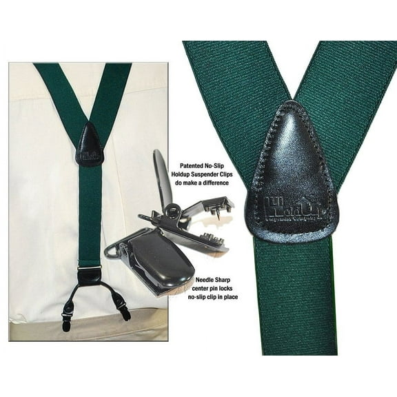 Holdup Brand Dark Hunter Green Dual Clip Double-Up Style Suspenders with Y-Back crosspatch and Patented no-slip clips