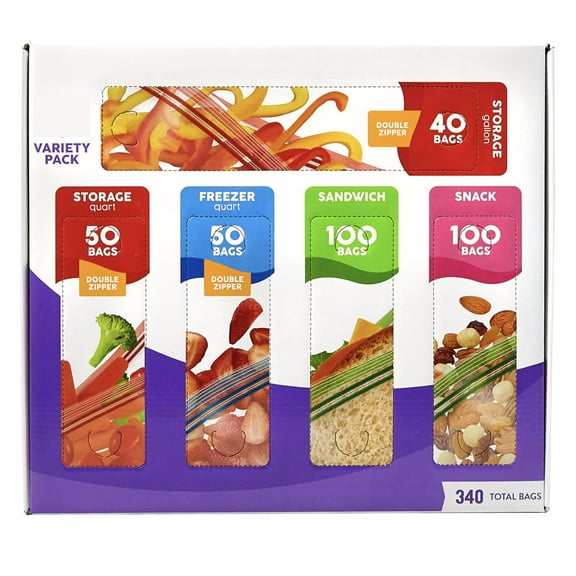 Food Storage Variety Pack, 340 Count | BPA-Free - Multi-Size Snack, Sandwich, Quart, and Gallon Bags for Food and Freezer Storage C43